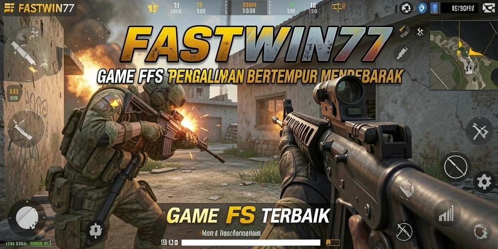 Screenshot utama FASTWIN77 menampilkan aksi seru di medan perang FPS.