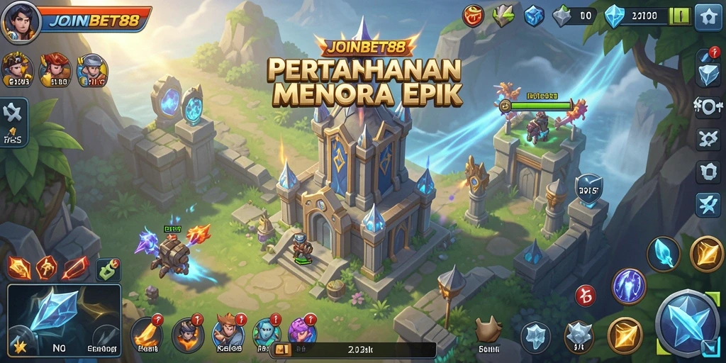 Tampilan dinamis gameplay Tower Defense JOINBET88 dengan menara beragam.