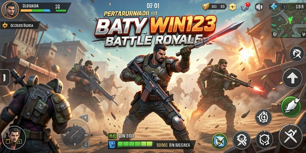 Screenshot utama menunjukkan aksi seru dalam permainan Battle Royale.